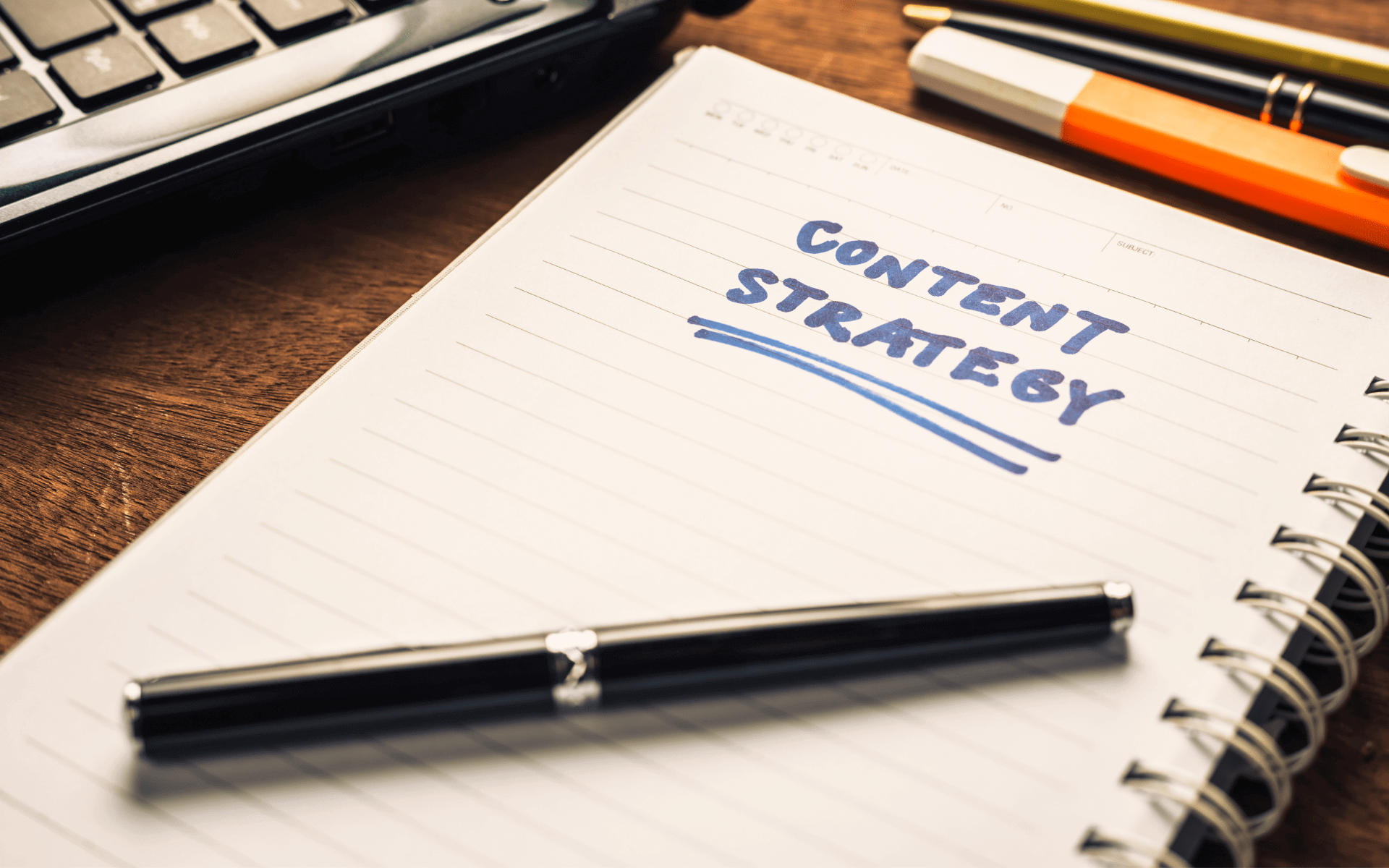 A content strategy outlined in a notebook created by a marketing company