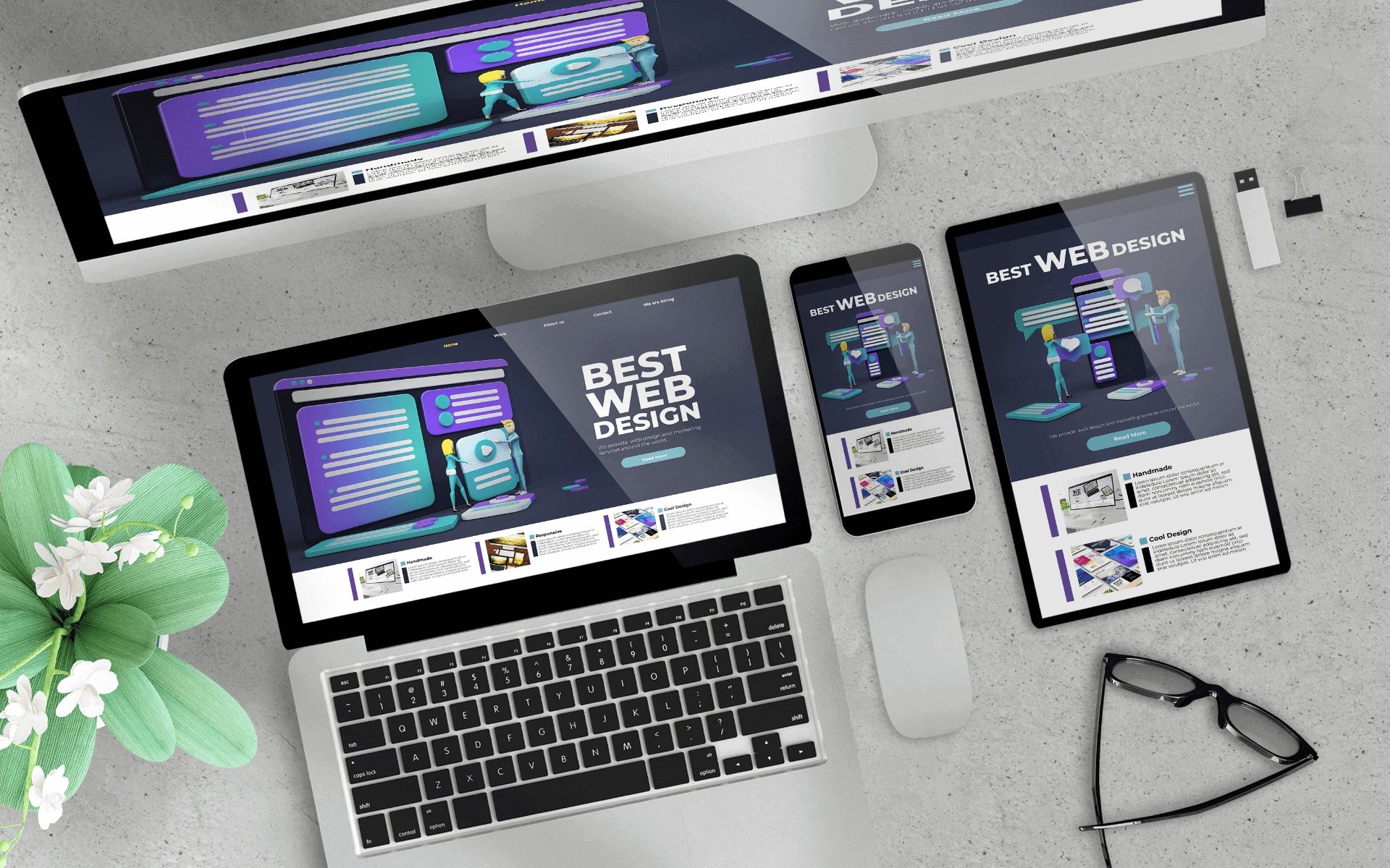 A design of a website shown across various devices to ensure a responsive design